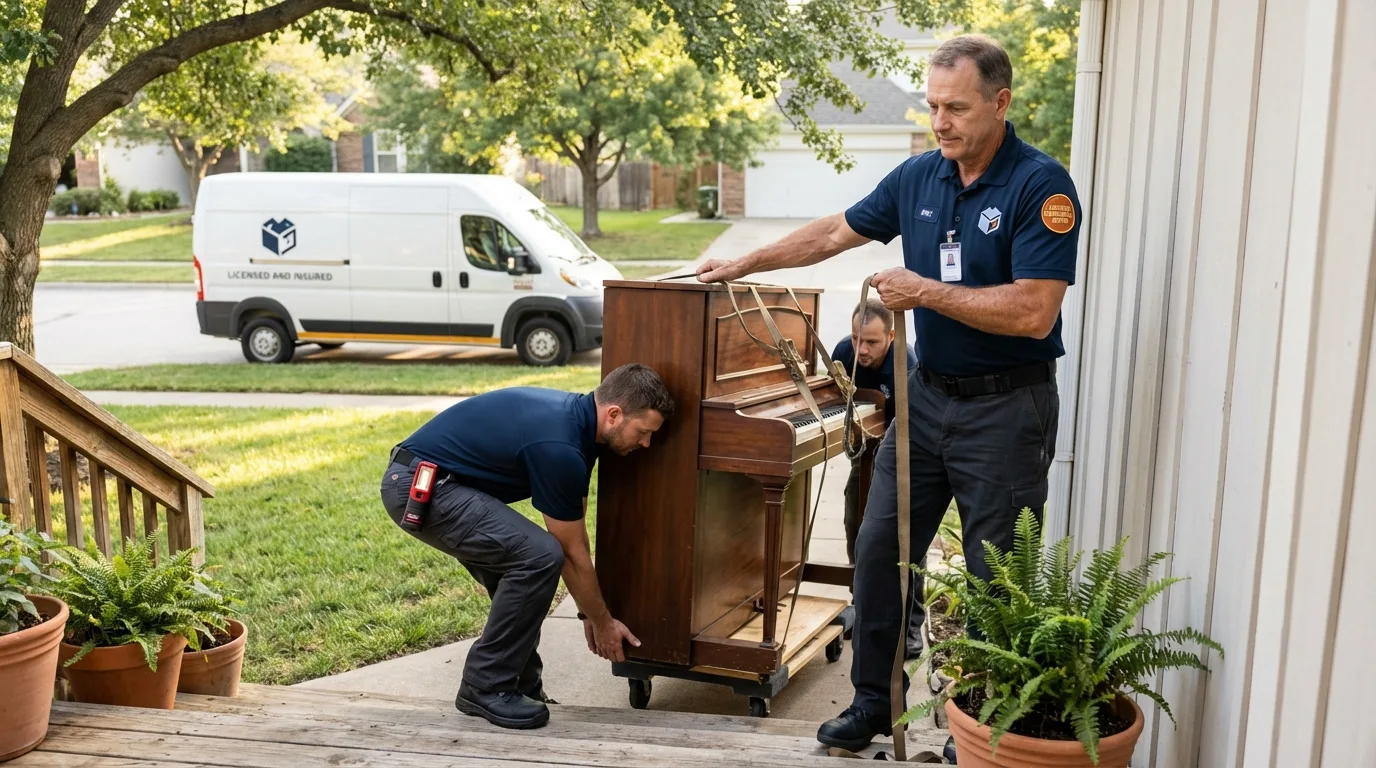 Licensed piano movers securing grand piano in Cedarhurst, NY