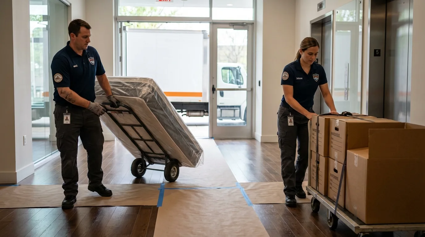 Professional apartment movers loading elevator in Cedarhurst, NY
